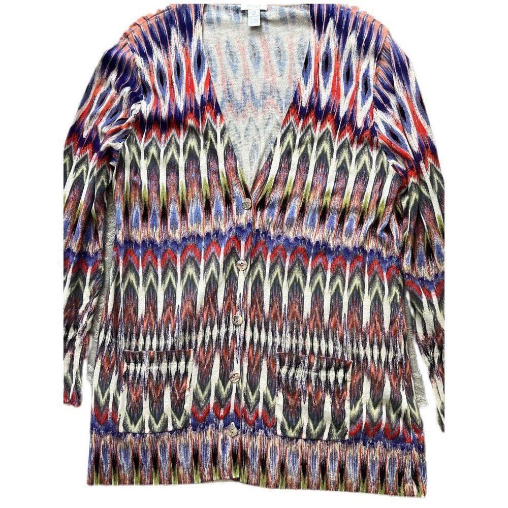 Chicos Cardigan Sweater Womens 2 L Aztec Ikat Button Down Coral Purple Jacket
